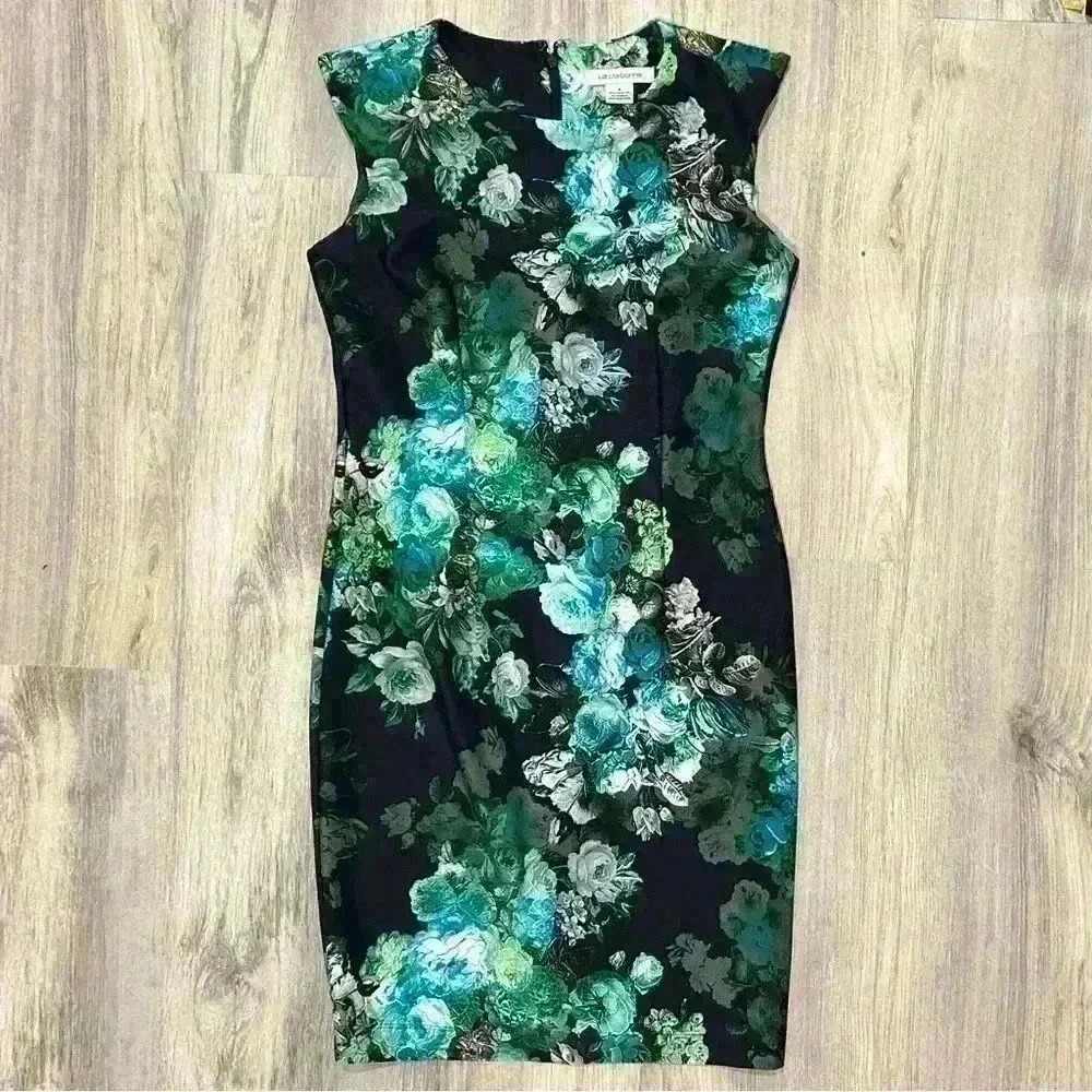 Liz Claiborne Aqua Floral Sleeveless Pencil Dress Fitted Knee Length Size 8